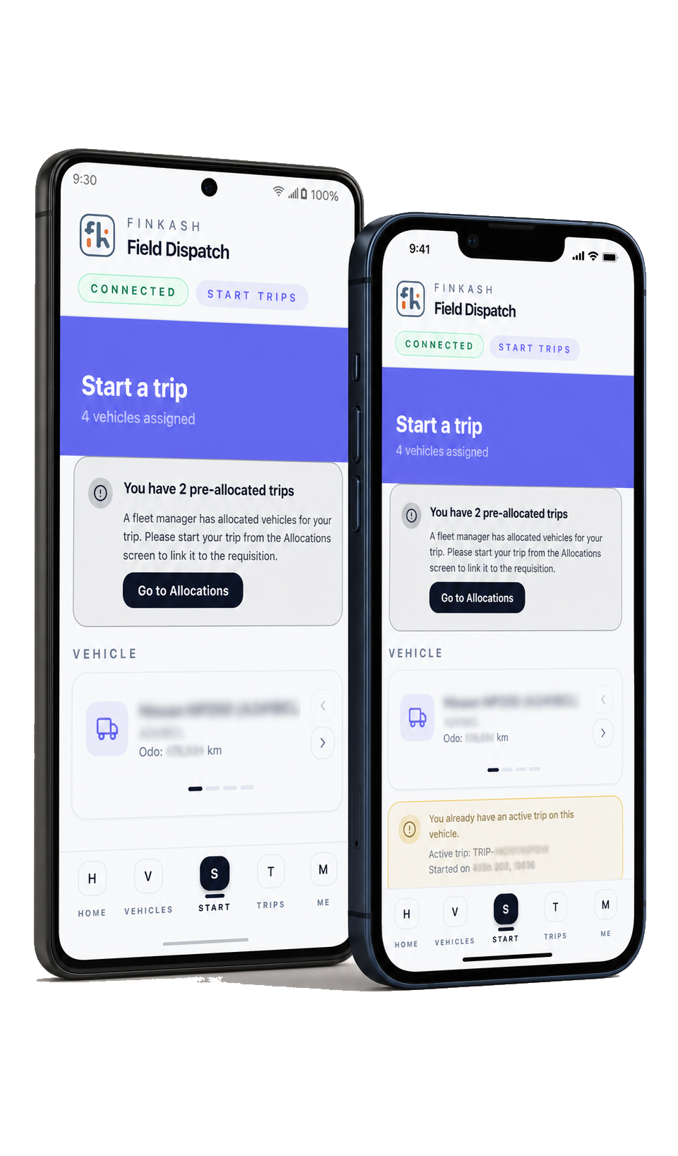 Finkash Field Dispatch app displayed on Android and iPhone devices